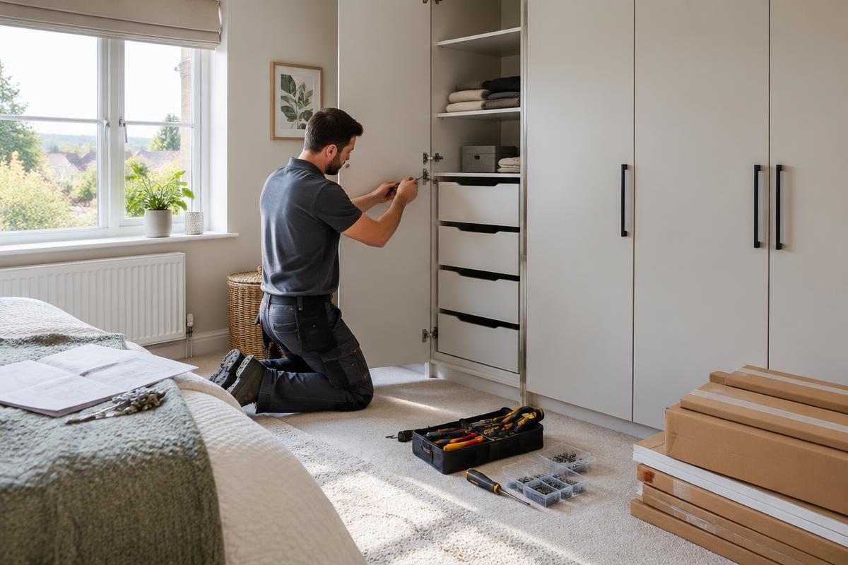 Professional assembling a fitted flat-pack wardrobe with tools arranged neatly