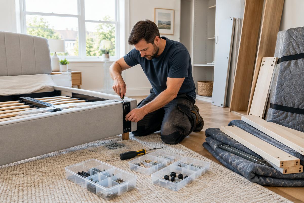 Professional carefully dismantling a bed with hardware sorted into labelled containers