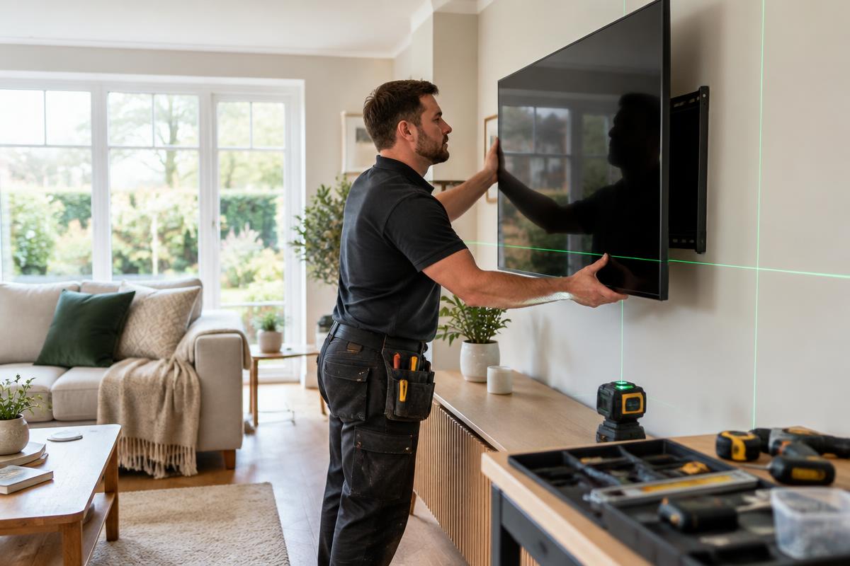 Professional mounting a large television precisely with a laser level