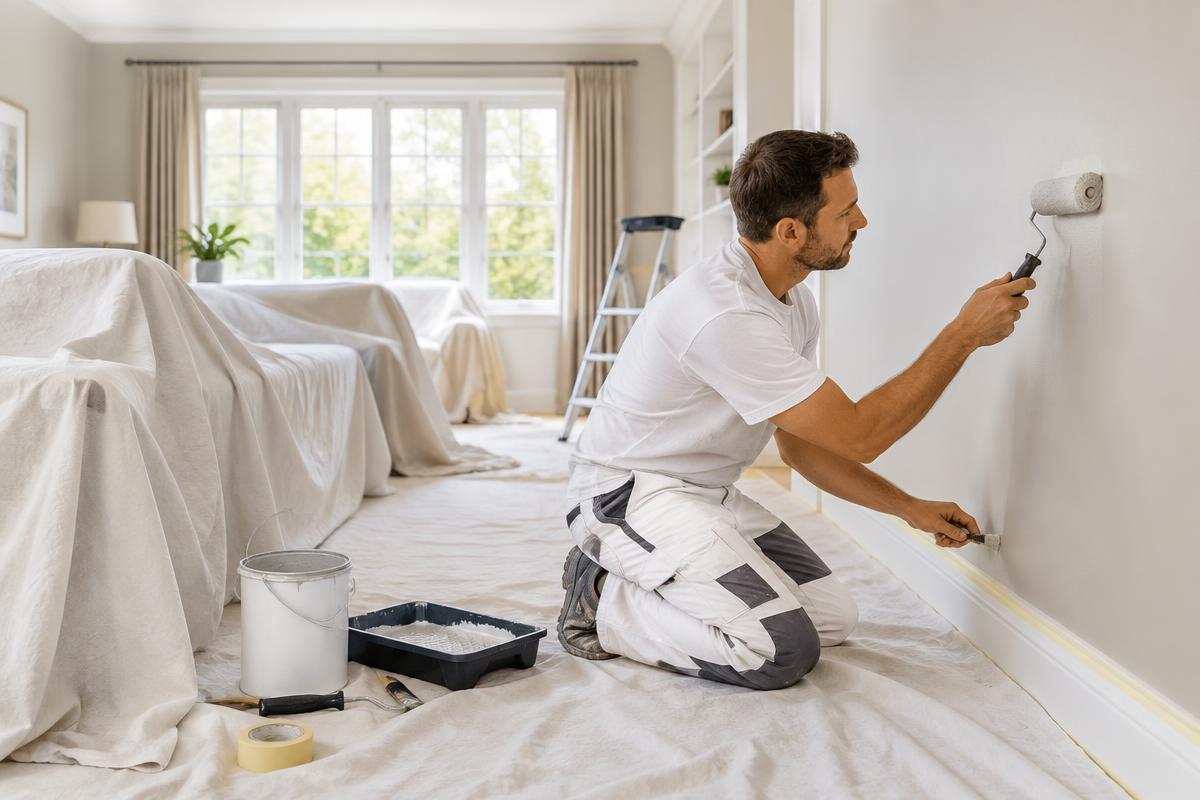 Professional carefully painting a fresh interior wall with furniture and floors protected