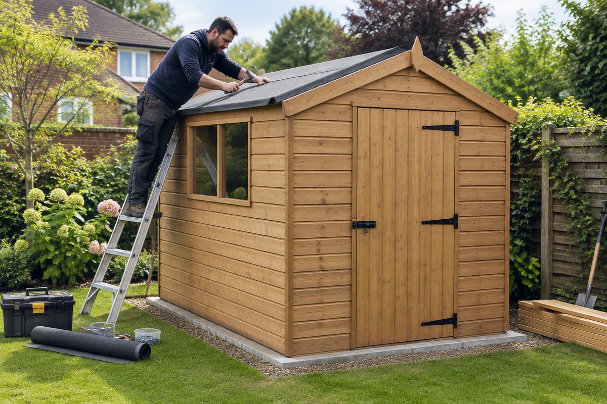 Professional securing roof felt on a sturdy wooden garden shed